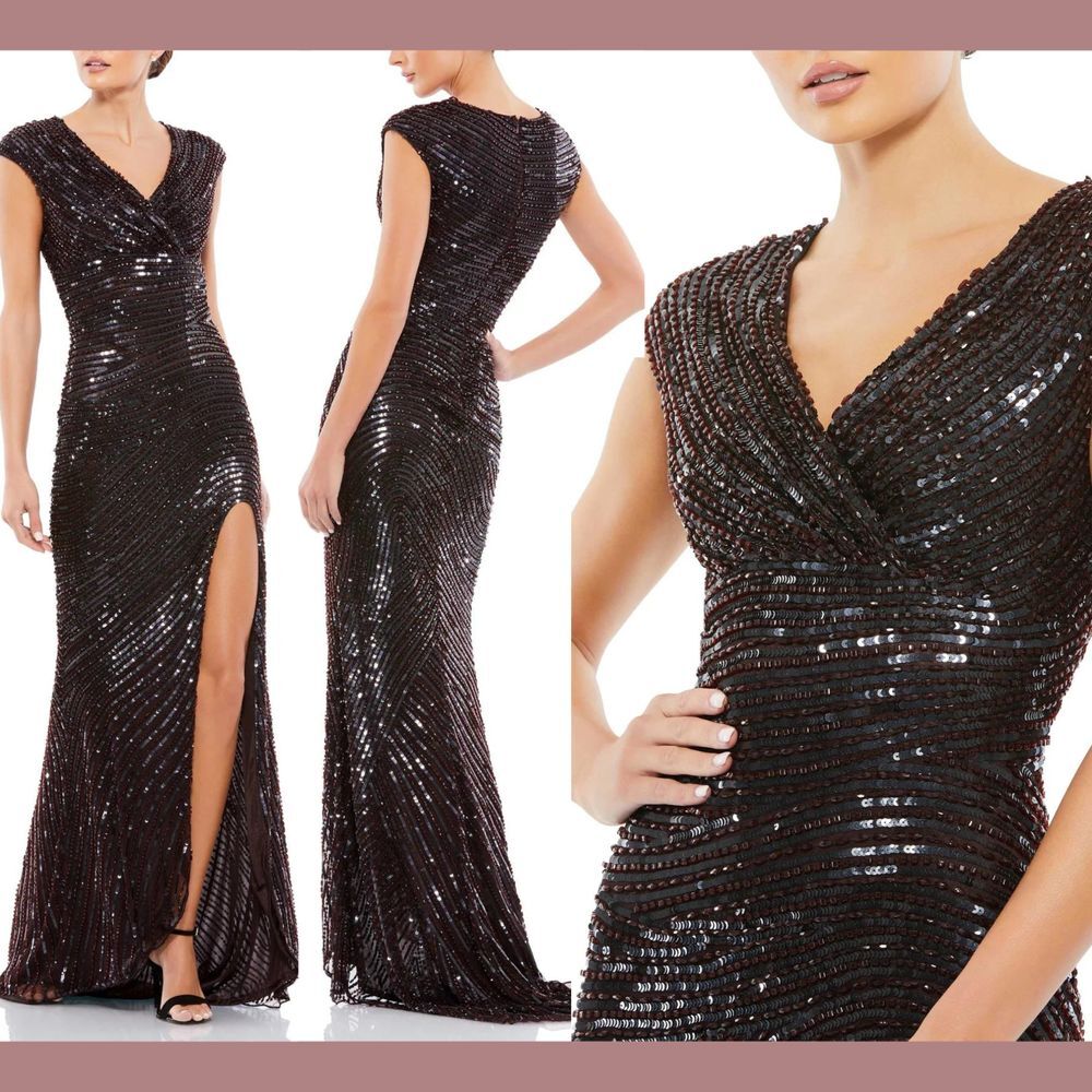 NWT $698 Mac Duggal [ 2 ] 5441 Cap‎ Sleeve Sequined Evening Gown Brown #Q889